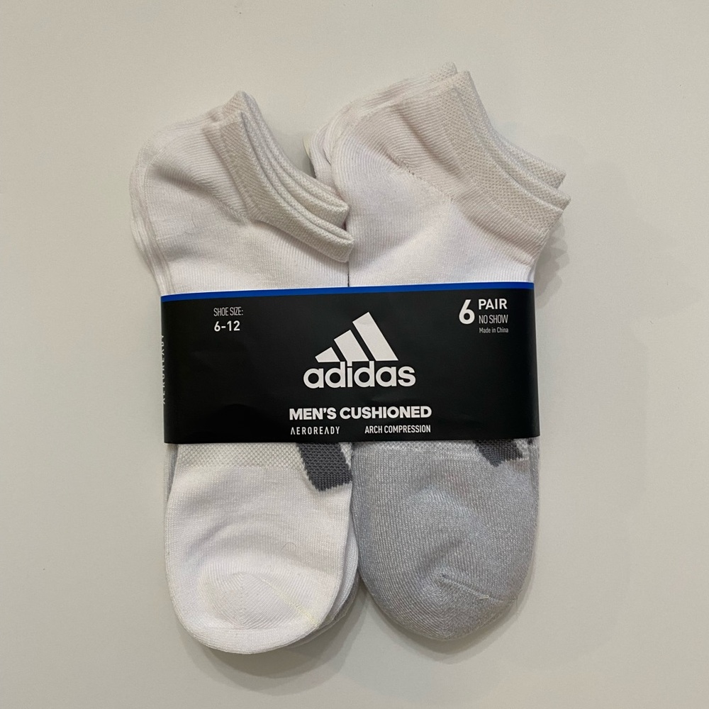 6 Pair Adidas Men’s White Cushioned Arch Compression No Show Socks Size 6-12